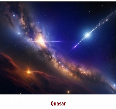 AI-generated image of a distant quasar emitting intense energy from the heart of a galaxy. (Image generated with AI via ChatGPT)