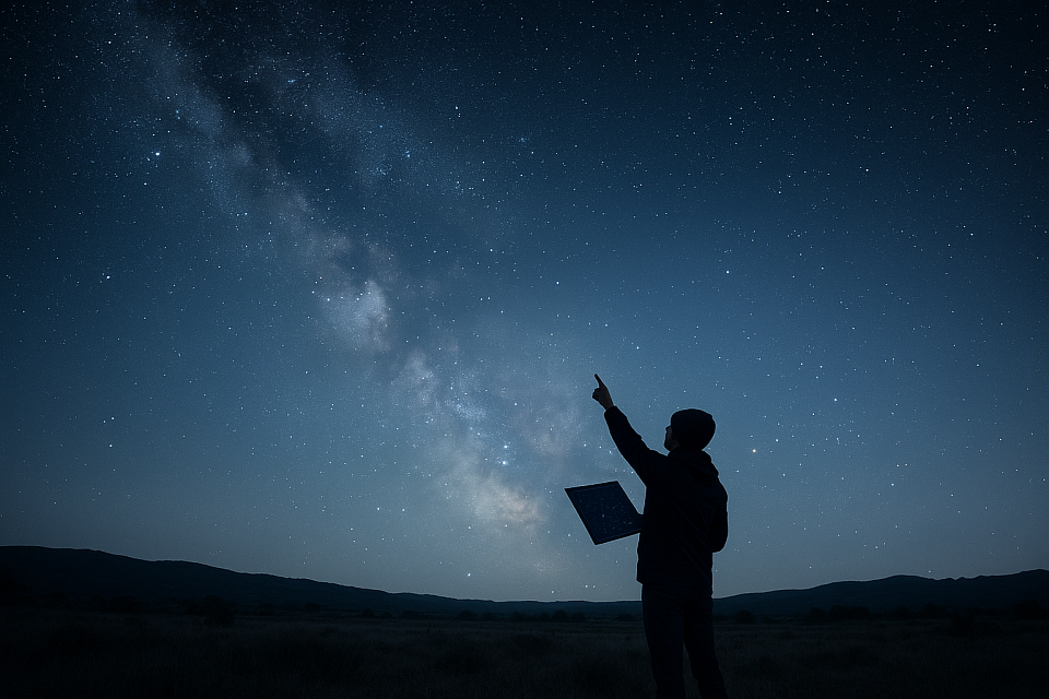 A wide nighttime landscape under a crystal clear dark sky. The Milky Way is visible overhead. A person is standing with a star map, pointing up at the constellations(Image credit Chat GPT Deep AI)