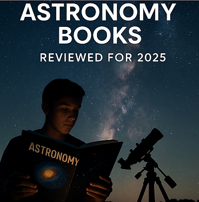 Boy looking at astronomy book under dark starry sky with telescope (Image Credit ChatGPT)