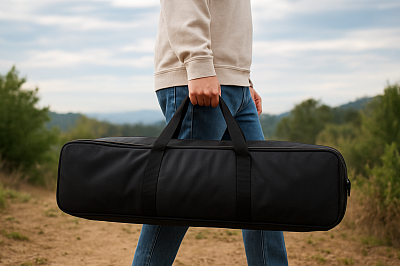 Person carrying a padded black telescope case outdoors on a dirt path, with trees and hills in the background..(Image credit: Created by AI with OpenAI’s DALL·E.)